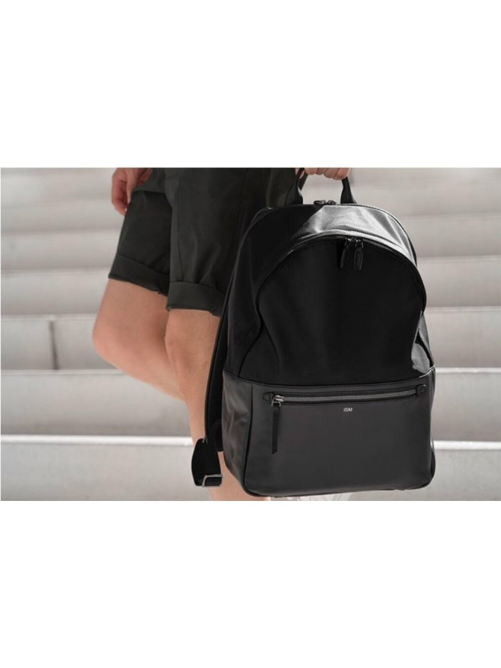 ISM Backpack Black Nylon Leather Trim Laptop Travel Commuter Minimalist Unisex